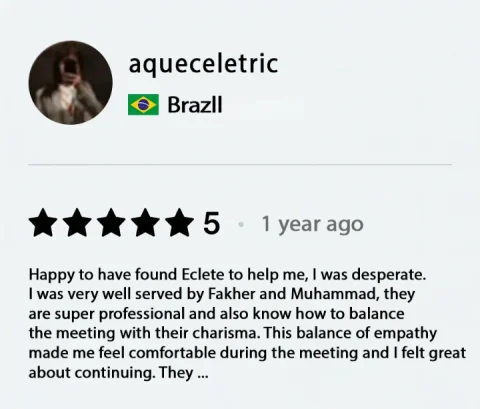 Screenshot of a five-star review from aqueceletric, Brazil, for ECLETE