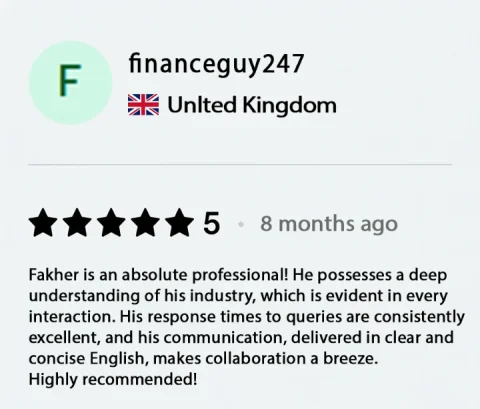 Screenshot of a five-star review from financeguy247, United Kingdom, for ECLETE