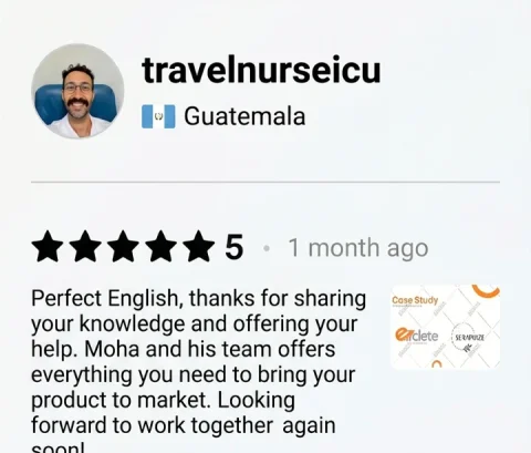 Screenshot of a five-star review from travelnurseicu, Guatemala, for ECLETE