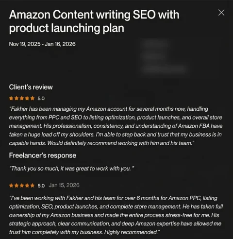 Screenshot of a five-star review from Amazon store owner, 6+ months, full account management, for ECLETE