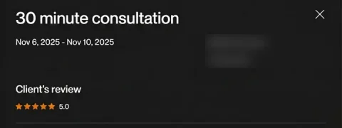 Screenshot of a five-star review from Amazon seller, 30 minute consultation, for ECLETE