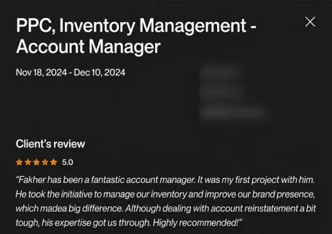 Screenshot of a five-star review from Amazon brand, PPC and inventory management, for ECLETE