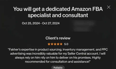 Screenshot of a five-star review from Amazon seller, FBA consulting, for ECLETE