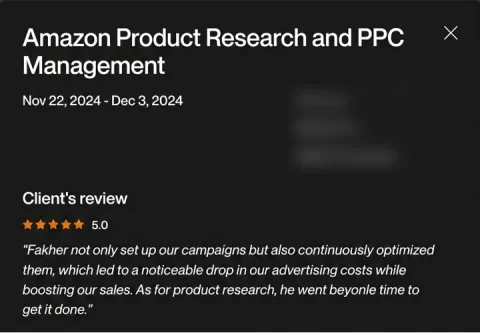 Screenshot of a five-star review from Amazon seller, Product research and PPC, for ECLETE