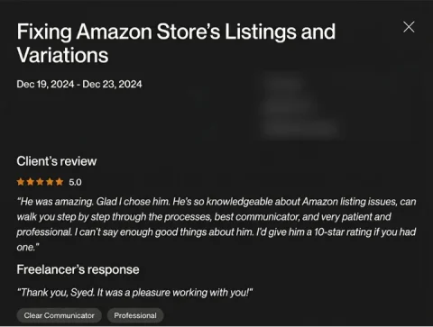 Screenshot of a five-star review from Amazon seller, Listings and variations fix, for ECLETE