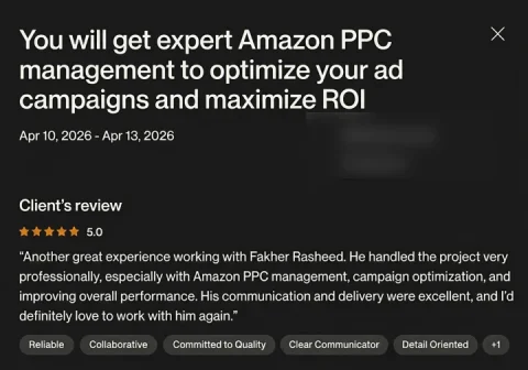 Screenshot of a five-star review from Amazon seller, Amazon PPC management, for ECLETE