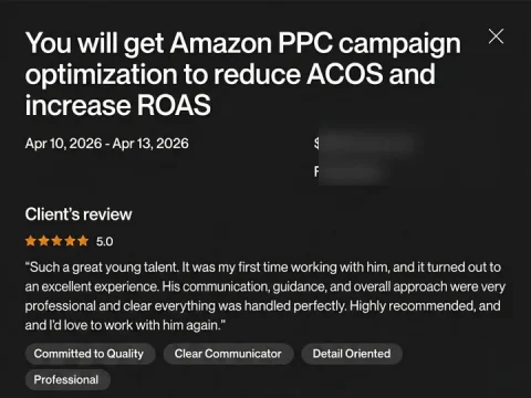 Screenshot of a five-star review from Amazon seller, Amazon PPC optimisation, for ECLETE