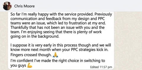 WhatsApp message from Chris Moore, Amazon brand owner, about working with ECLETE