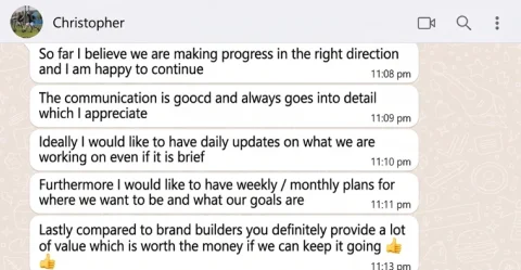 WhatsApp message from Christopher, Amazon brand owner, about working with ECLETE