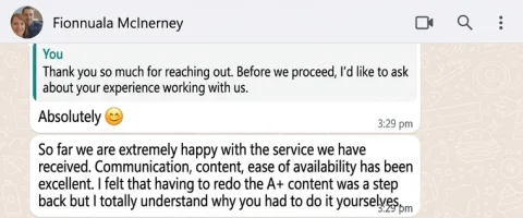 WhatsApp message from Fionnuala McInerney, Amazon brand owner, pre-launch, about working with ECLETE