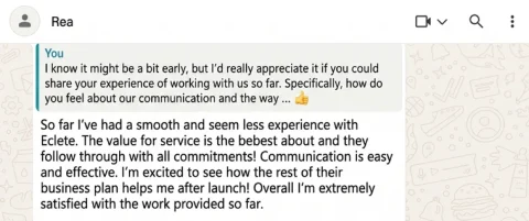 WhatsApp message from Rea, Amazon brand owner, pre-launch, about working with ECLETE