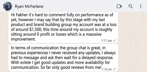 WhatsApp message from Ryan McFarlane, Amazon private label seller, about working with ECLETE