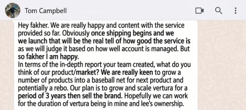 WhatsApp message from Tom Campbell, Co-owner, Vertura, about working with ECLETE