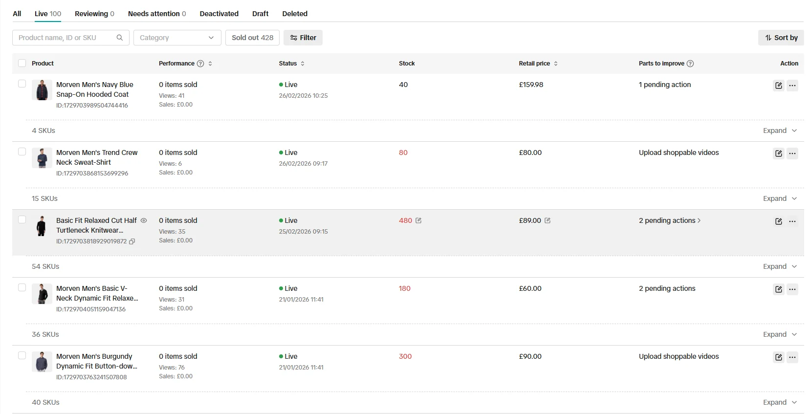Merciy TikTok Shop Seller Center manage products showing 100 live listings, 0 reviewing and 0 needing attention