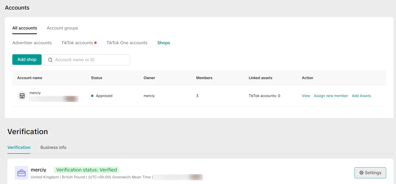 Merciy TikTok Business Center showing shop status approved and business verification status verified