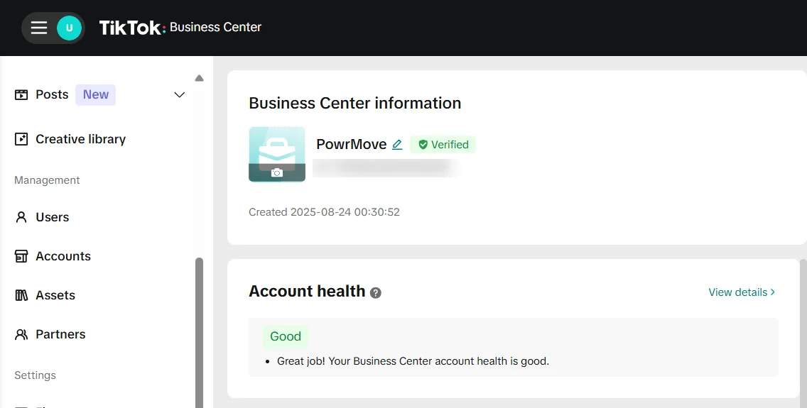 PowrMove TikTok Business Center showing verified status and good account health