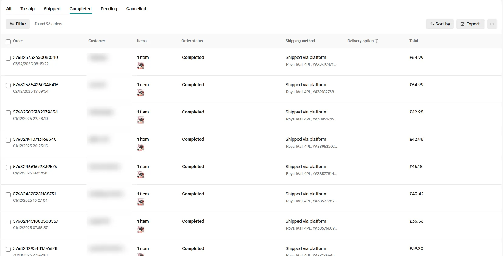 PowrMove TikTok Shop Seller Center completed orders list showing 96 orders shipped via Royal Mail